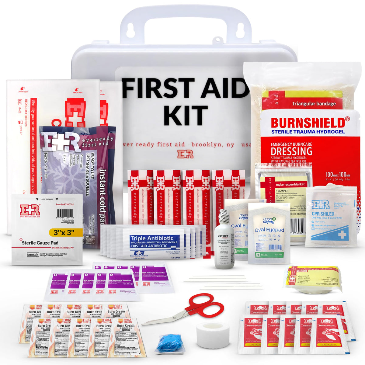 Ever Ready First Aid vista frontal del estuche resistente con cierres, accesible en emergencia