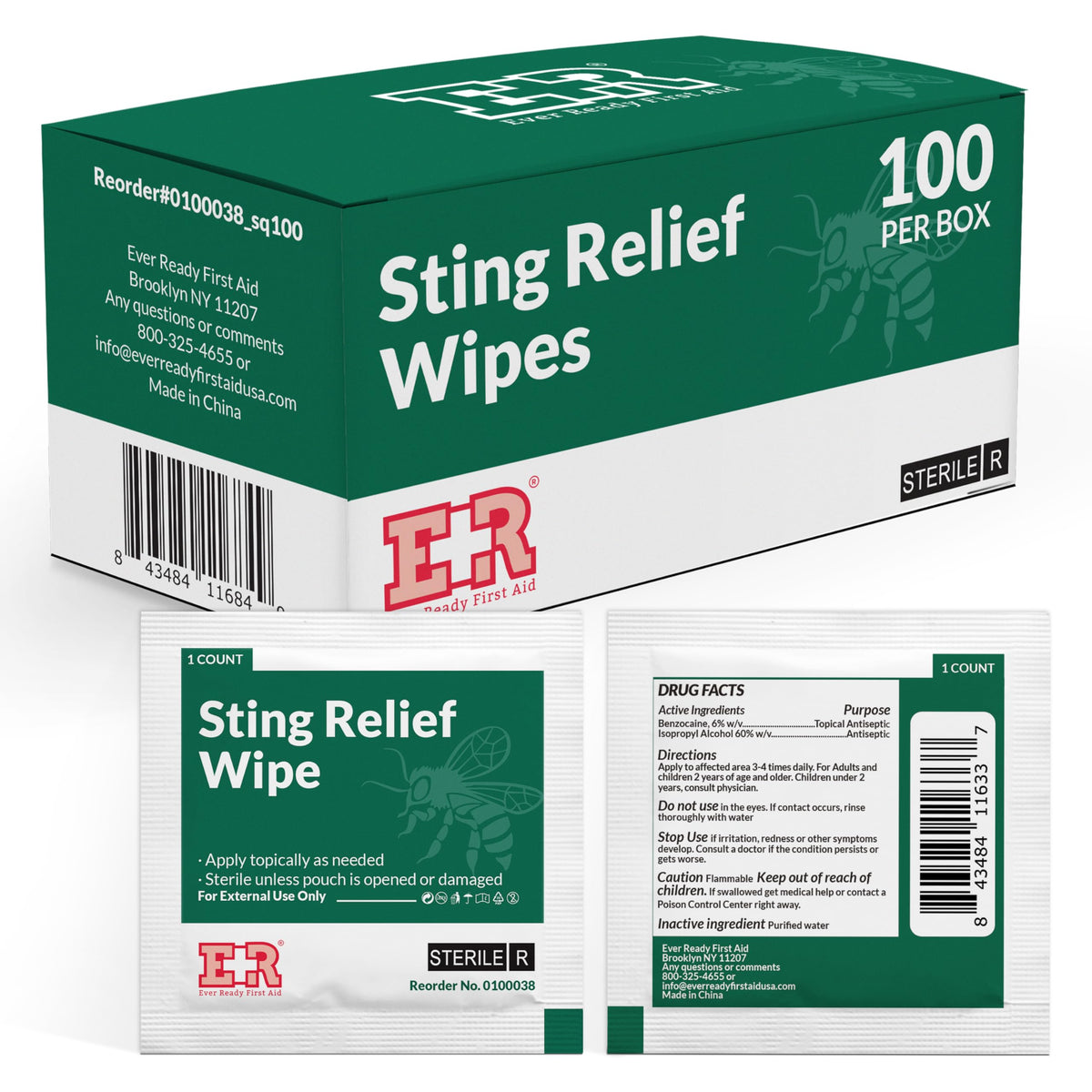 Ever Ready First Aid frente del empaque muestra caja y cantidad 100