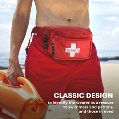Ever Ready First Aid riñonera en uso en playa, identificación clara del guardia
