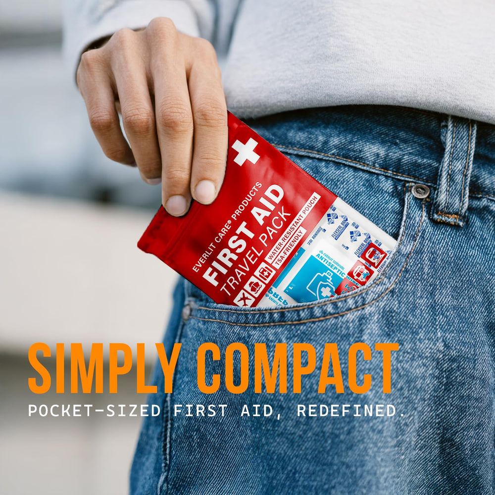 EVERLIT CARE comparación de tamaño junto a una mano, ultra compacto