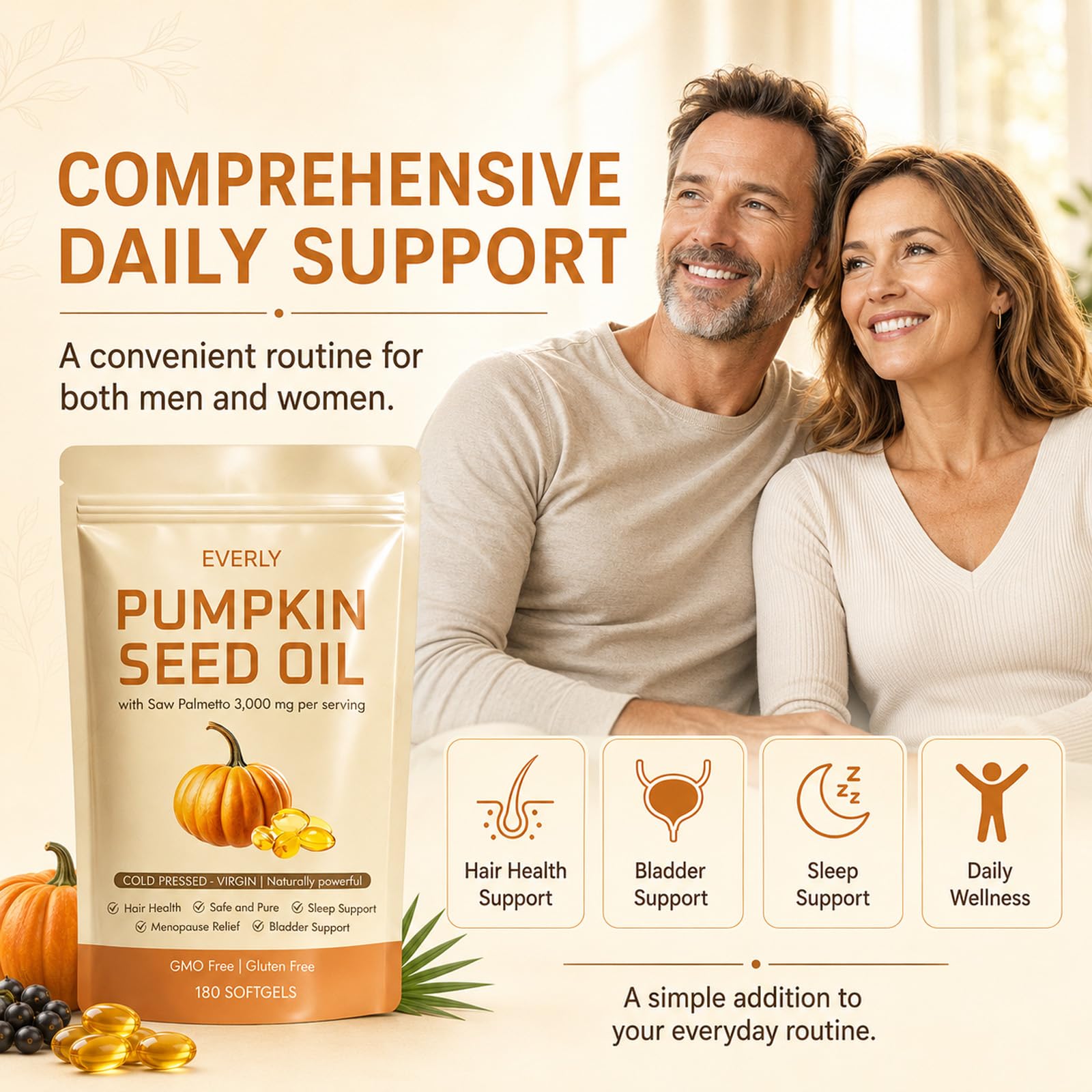 Everly Organic Pumpkin Seed - frasco sostenido en mano, conveniencia y uso diario