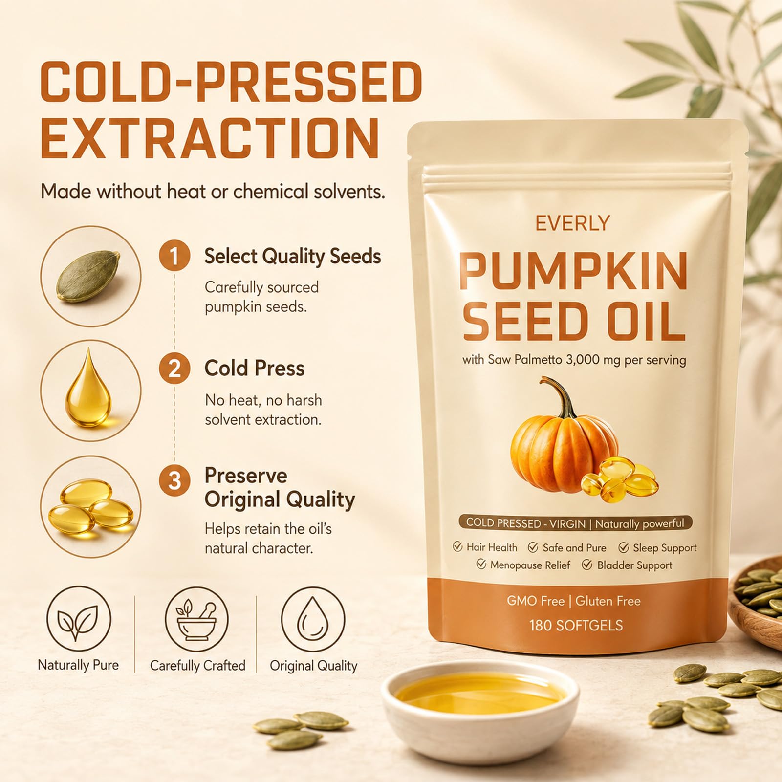 Everly Organic Pumpkin Seed - frasco junto a regla para escala, tamaño de 180 cápsulas