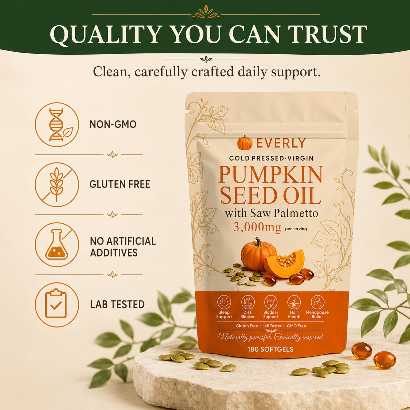 Everly Pumpkin Seed Oil etiqueta nutricional clara con dosis y composición