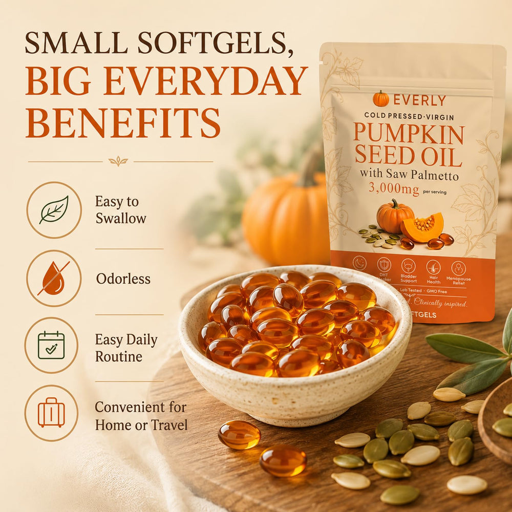 Everly Pumpkin Seed Oil semillas y saw palmetto ilustrando ingredientes naturales