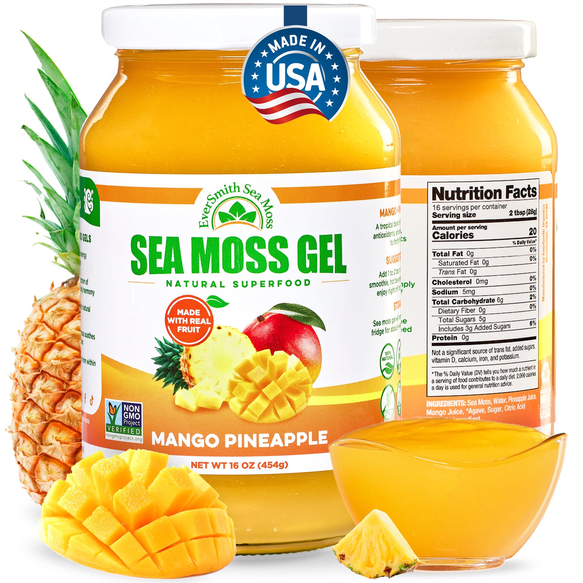 EverSmith Organics frasco delantero con gel mango piña, presentación atractiva