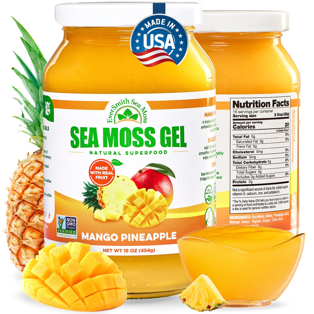 EverSmith Organics frasco delantero con gel mango piña, presentación atractiva