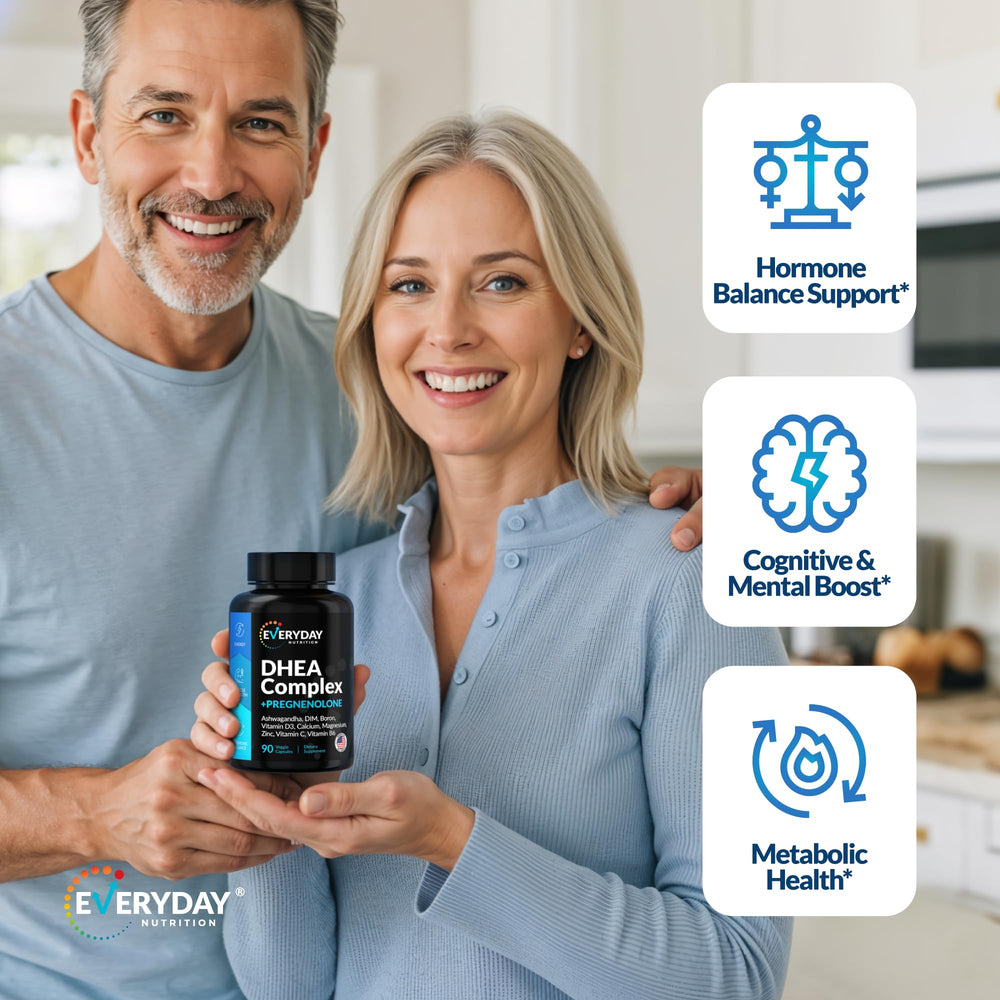 EVERYDAY NUTRITION ingredientes clave en mesa destacando DHEA y pregnenolona