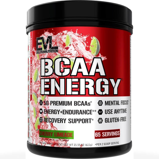 Envase EVL BCAA Energy Cherry Limeade mostrando diseño y beneficio energético