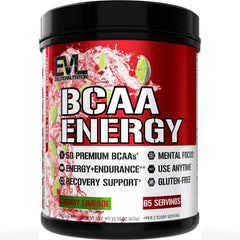 Envase EVL BCAA Energy Cherry Limeade mostrando diseño y beneficio energético