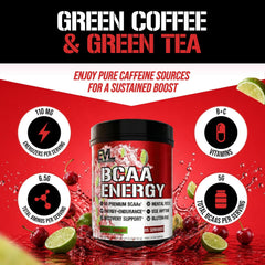 Textura del polvo EVL BCAA Energy destacando mezcla fina para disolución rápida