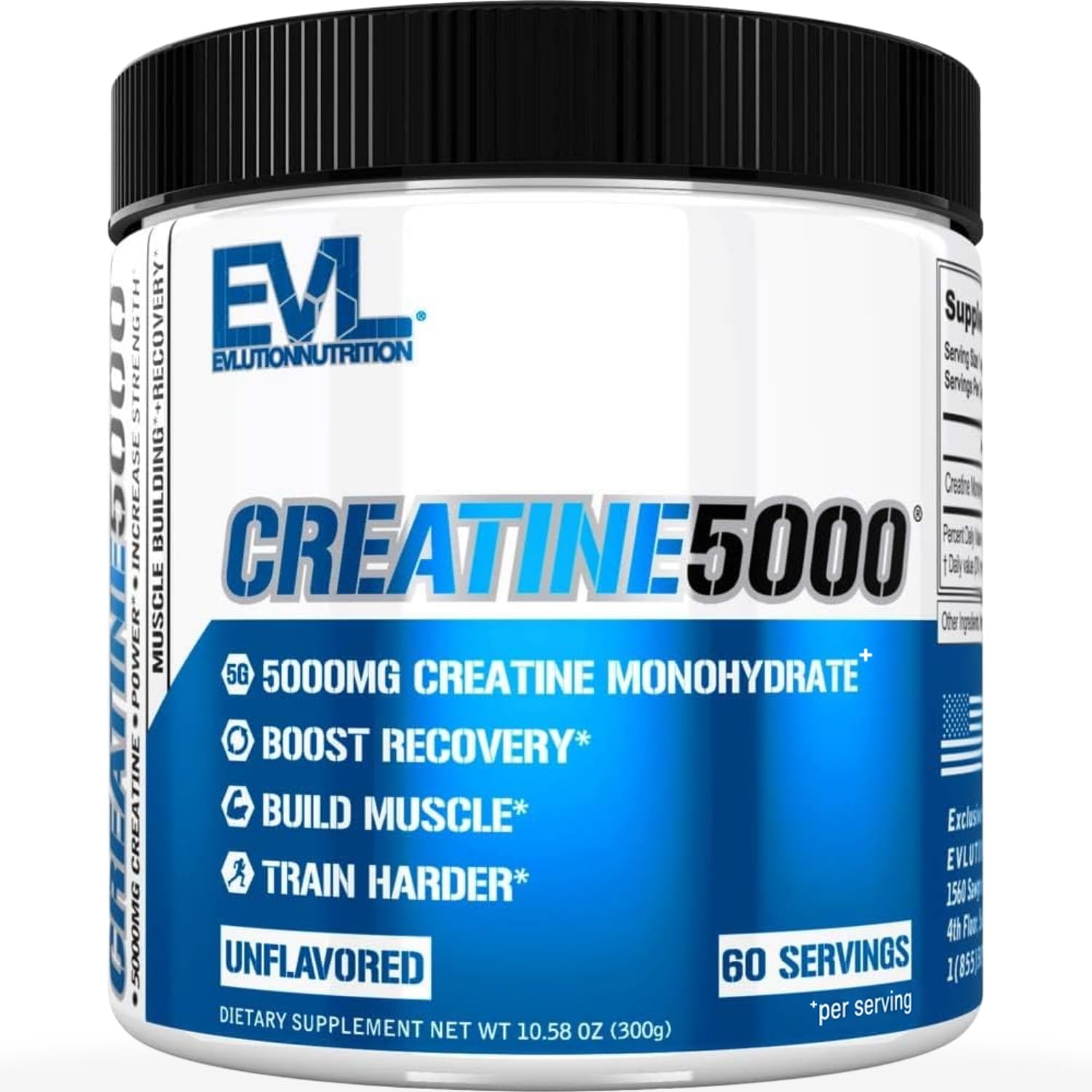 Evlution envase frontal de EVL Creatine 5000 mostrando la marca y beneficios