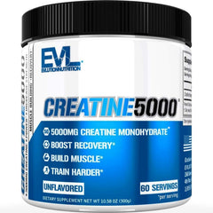 Evlution envase frontal de EVL Creatine 5000 mostrando la marca y beneficios