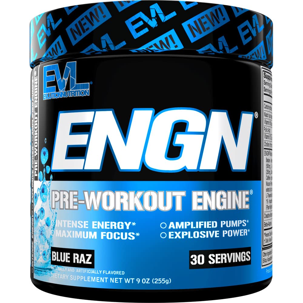 Envase EVL ENGN frontal mostrando 30 porciones y sabor Blue Raz con confianza de marca