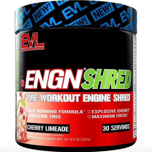 Evlution ENGN Shred frontal del envase mostrando sabor Cherry Limeade y beneficio de energía
