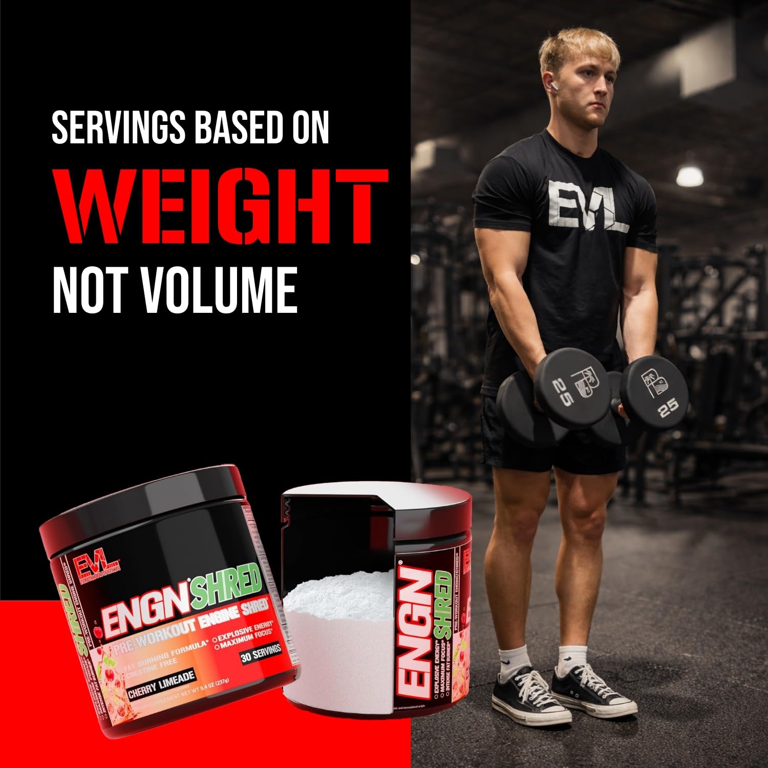 Envase de ENGN Shred sobre mesa de entrenamiento mostrando facilidad de uso, Evlution