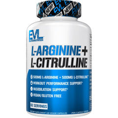 Envase EVL L-Arginine & L-Citrulline mostrando etiqueta y beneficios
