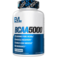 Evlution BCAA5000 vista frontal del envase, fácil identificación y conveniencia