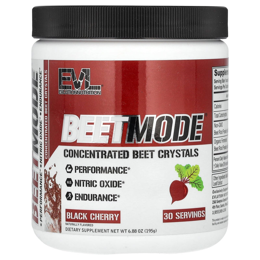 Evlution BeetMode vaso preparado mostrando sabor black cherry y mezcla clara