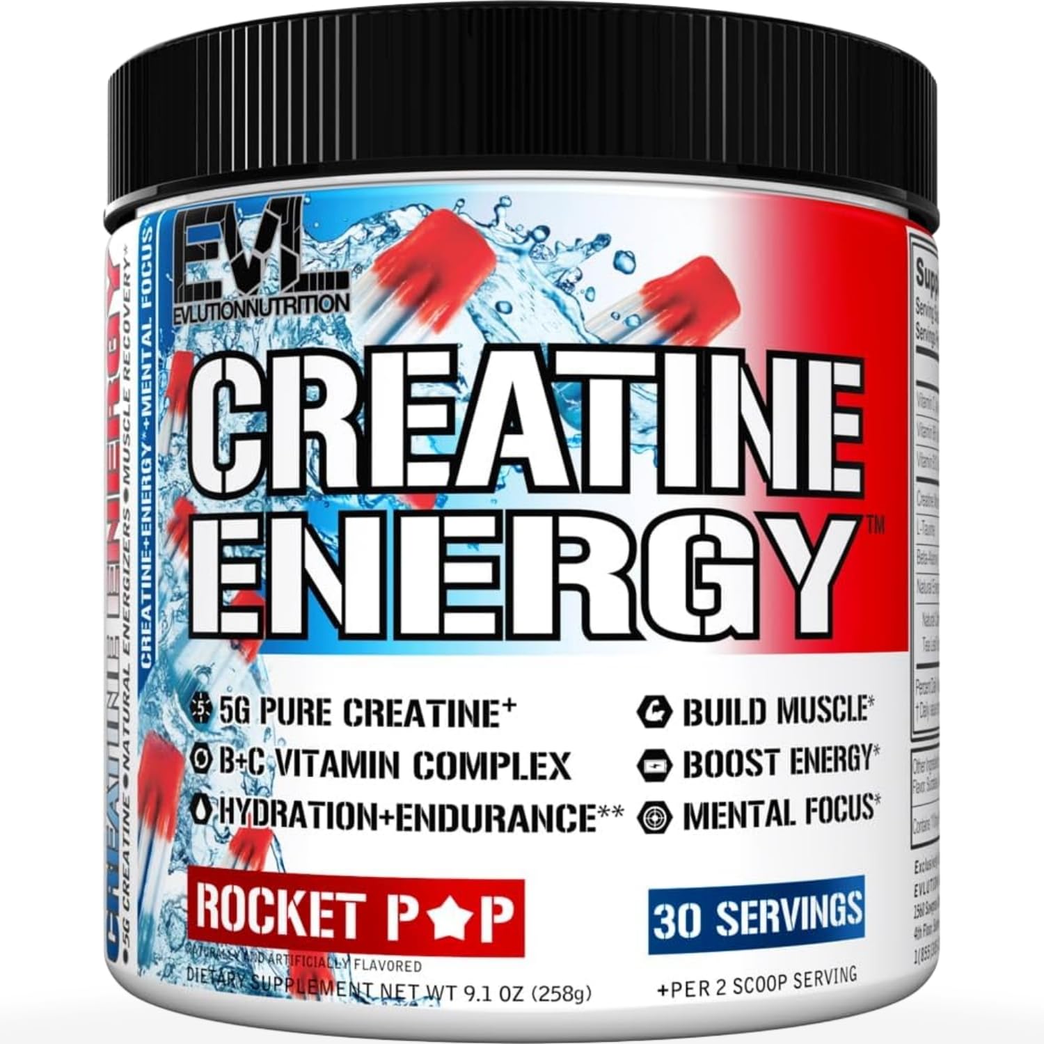 Evlution envase frontal Rocket Pop mostrando la marca y beneficio energía