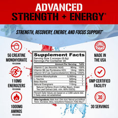 Etiqueta nutricional EVL Creatine Energy destacando creatina y cafeína
