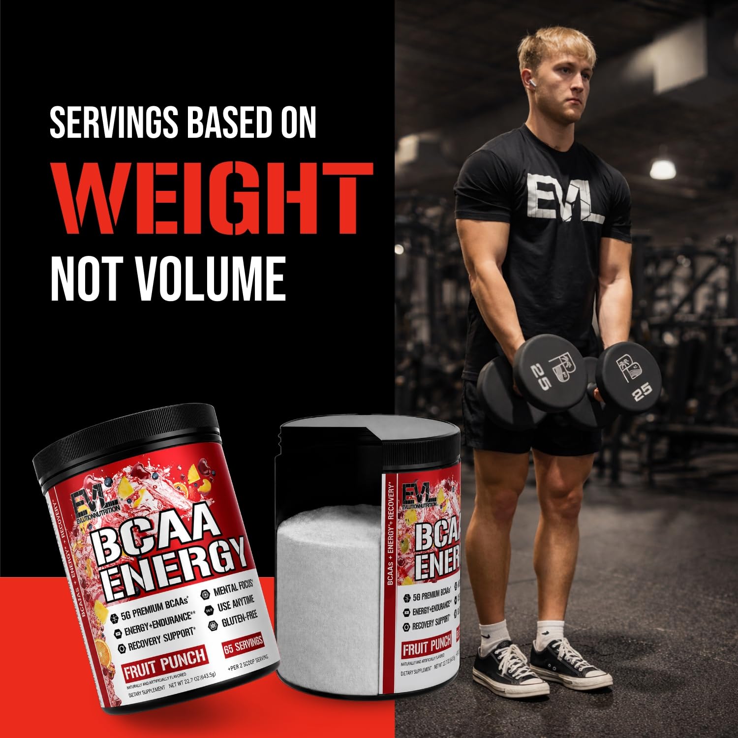 Atleta en gimnasio consumiendo EVL BCAA Energy para energía y enfoque