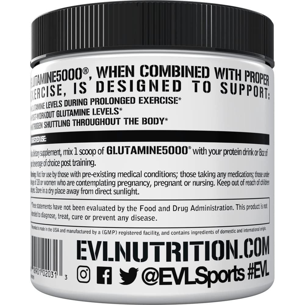 Evlution etiqueta nutricional legible indicando 5 g de L-glutamina
