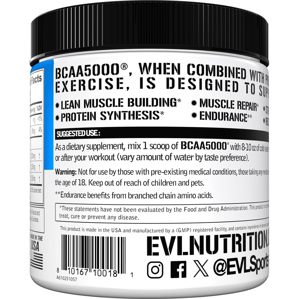 Evlution EVL BCAAs etiqueta con ingredientes y proporción 2:1:1 para síntesis muscular