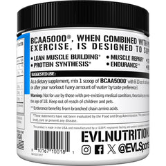 Evlution EVL BCAAs etiqueta con ingredientes y proporción 2:1:1 para síntesis muscular