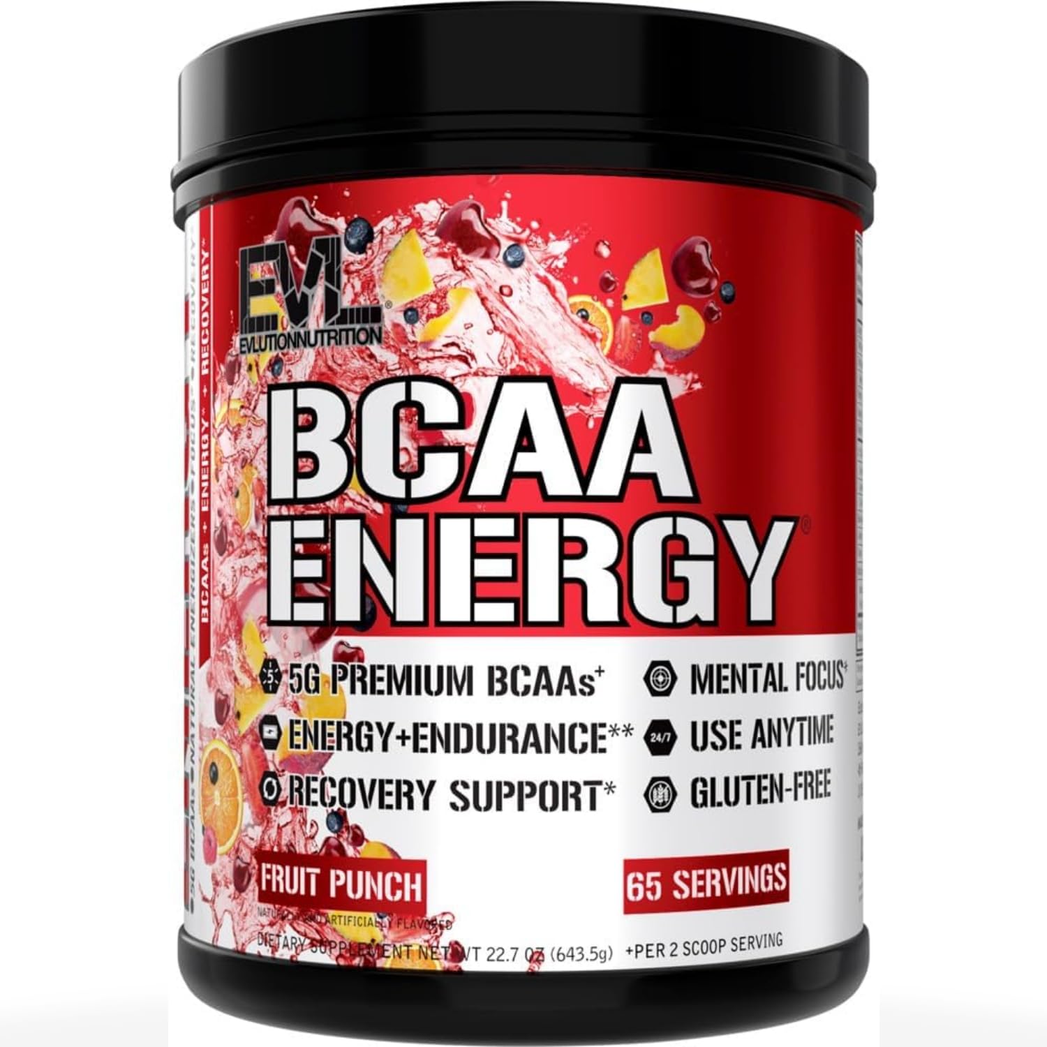 Envase EVL BCAA Energy Fruit Punch vista frontal, diseño claro y uso práctico