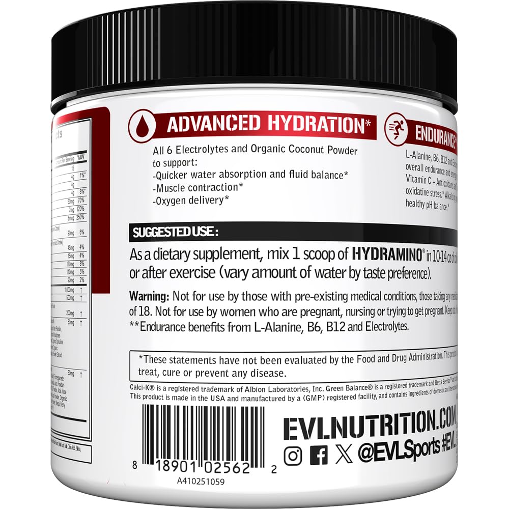 Evlution etiqueta de HYDRAMINO mostrando lista de electrolitos y vitaminas