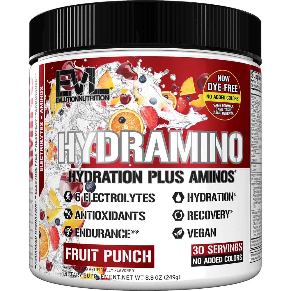 Evlution envase frontal de HYDRAMINO mostrando diseño y sabor Fruit Punch