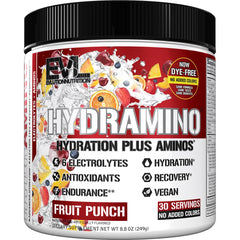 Evlution envase frontal de HYDRAMINO mostrando diseño y sabor Fruit Punch