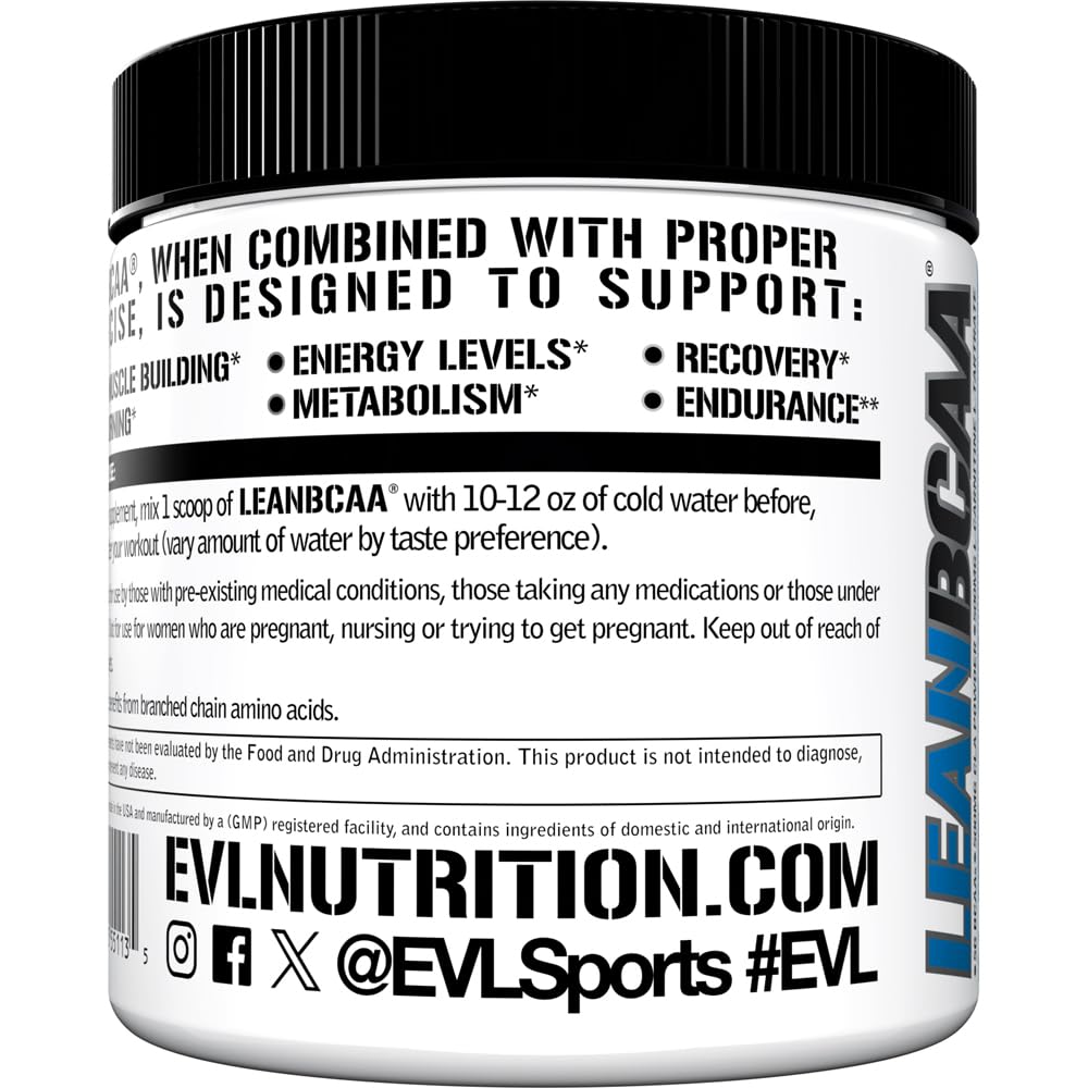 Evlution close-up etiqueta LeanBCAA con lista de ingredientes y beneficios claros