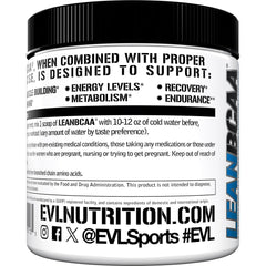 Evlution close-up etiqueta LeanBCAA con lista de ingredientes y beneficios claros