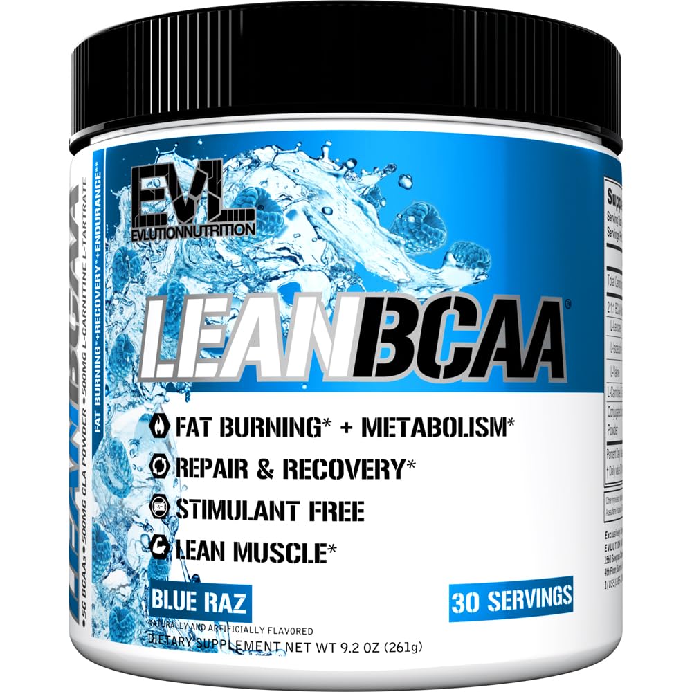 Evlution envase frontal LeanBCAA mostrando diseño y sabor Blue Raz, fácil identificación