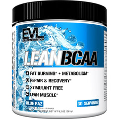 Evlution envase frontal LeanBCAA mostrando diseño y sabor Blue Raz, fácil identificación