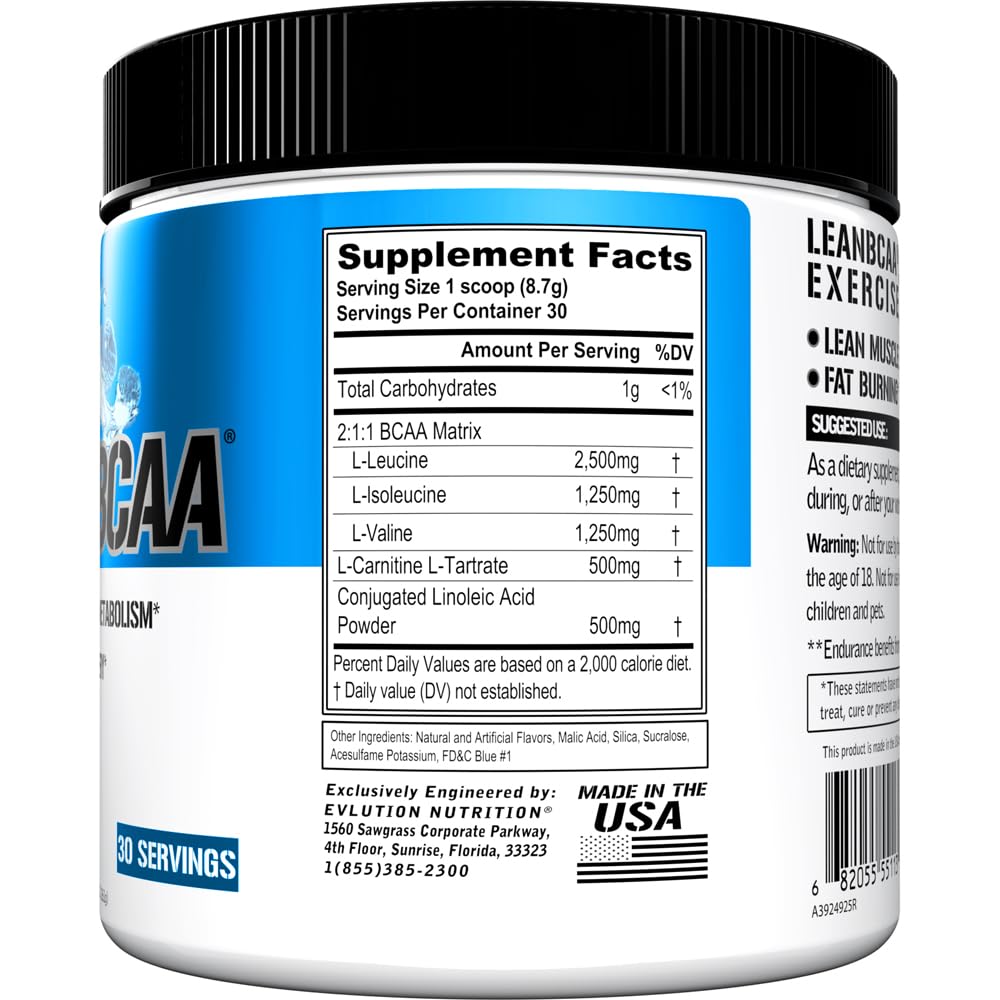 Evlution detalle del polvo LeanBCAA mostrando textura fina y disolución rápida