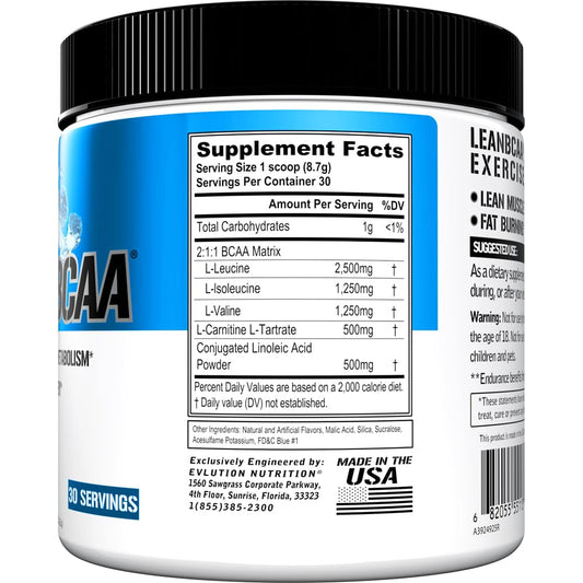 Evlution detalle del polvo LeanBCAA mostrando textura fina y disolución rápida