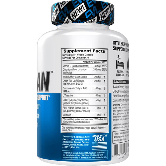 Evlution NiteLean capsules on nightstand for restful sleep support.