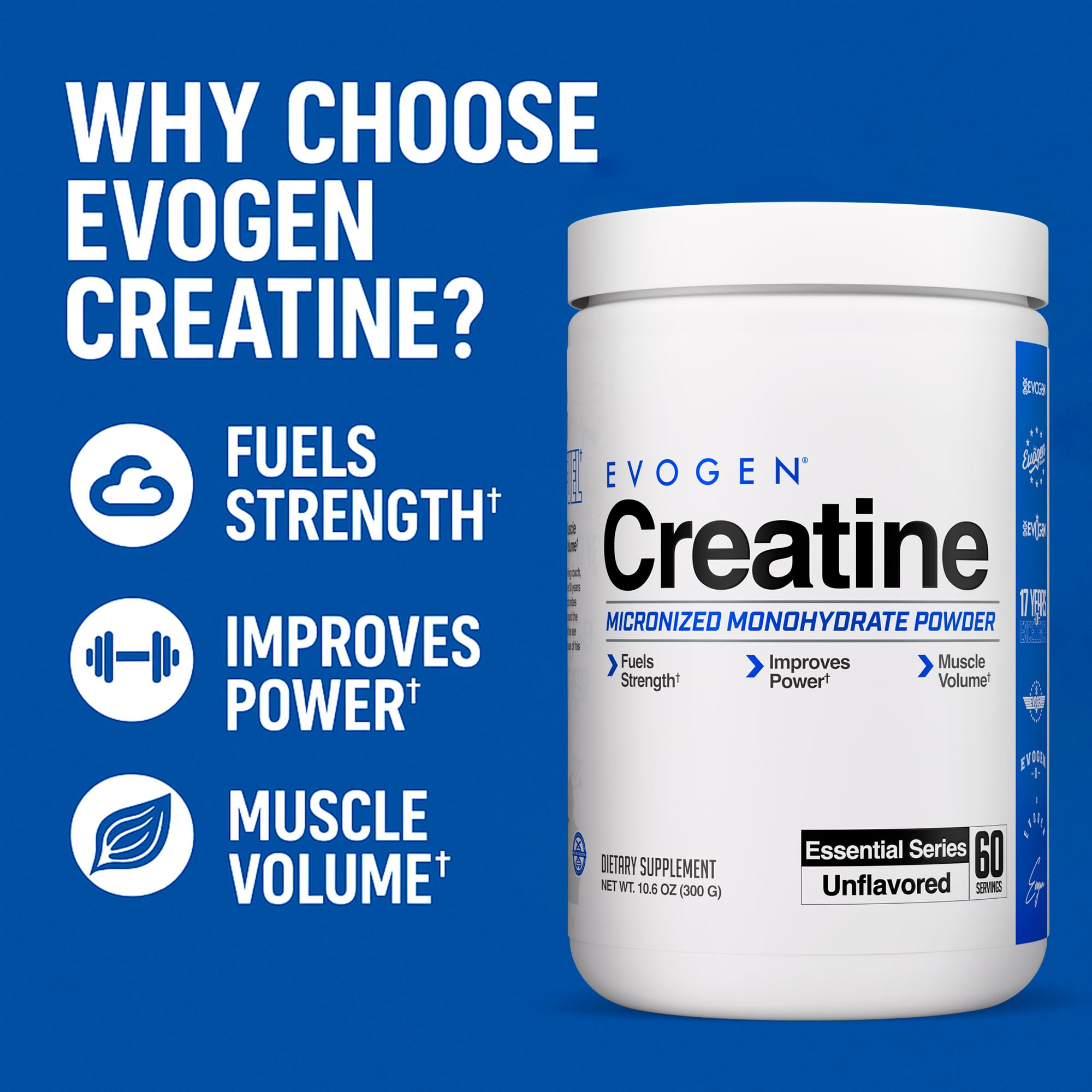 Cucharita junto al envase Evogen Creatine para comparar tamaño de servicio, dosificación clara