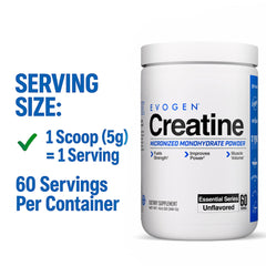Detalle de la etiqueta Evogen Creatine con información nutricional y beneficios visibles