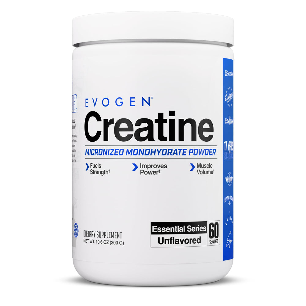 Envase Evogen Creatine Monohydrate mostrando frontal y 60 servicios, confianza y pureza