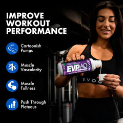 Evogen envase 16 fl oz comparado con pesa, tamaño práctico para entreno