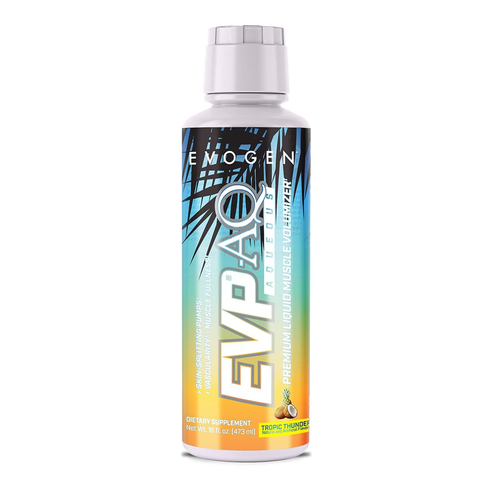 Evogen EVP AQ vista frontal del envase mostrando aroma Tropic Thunder y beneficios visuales