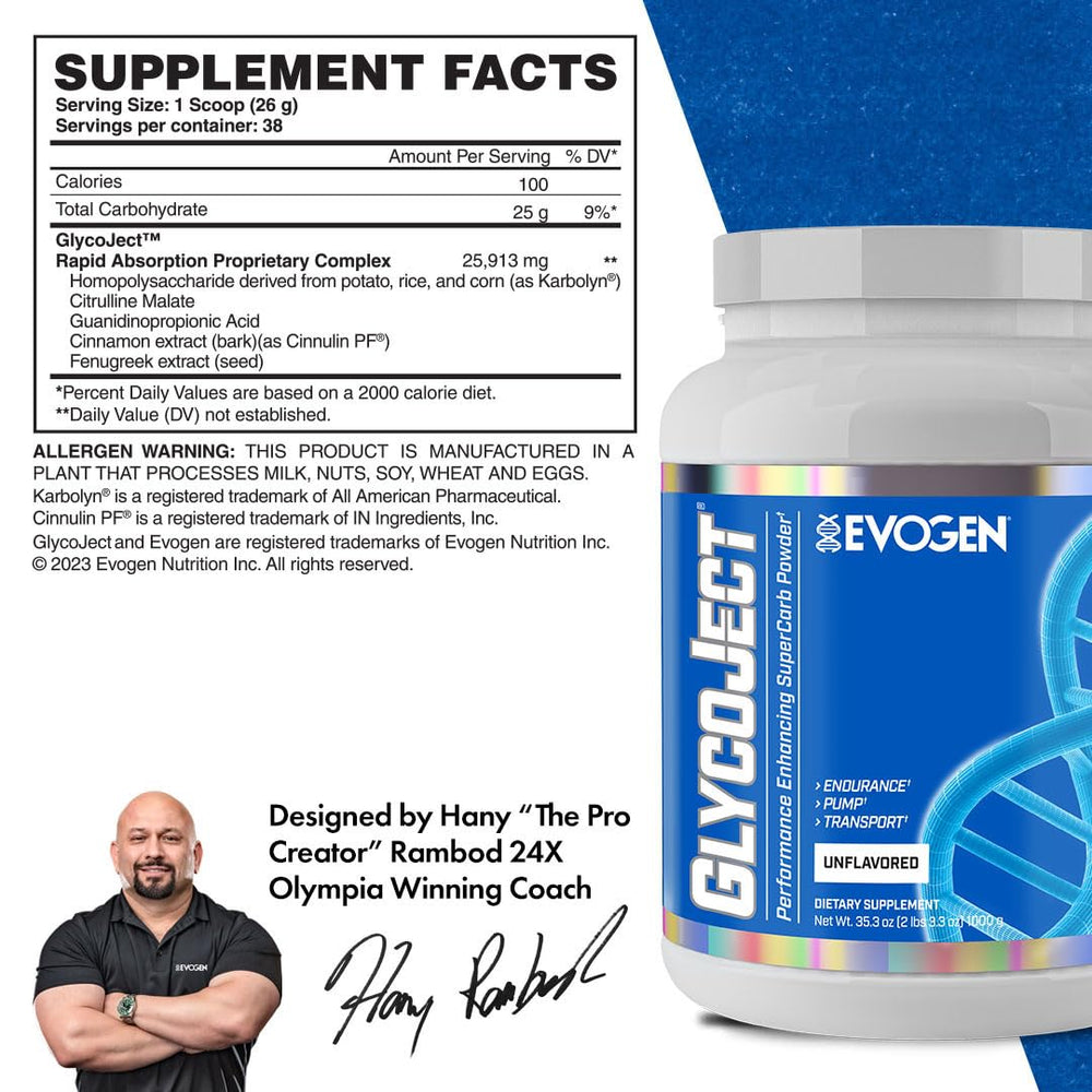 Evogen GlycoJect etiqueta en primer plano con ingredientes y uso claro