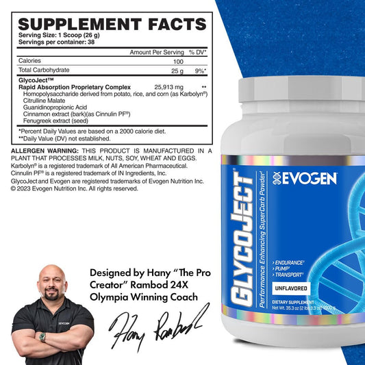 Evogen GlycoJect etiqueta en primer plano con ingredientes y uso claro