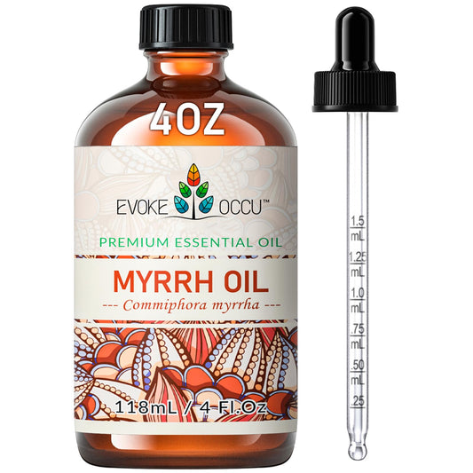 EVOKE OCCU botella frontal de aceite de mirra mostrando etiquetado claro y puro