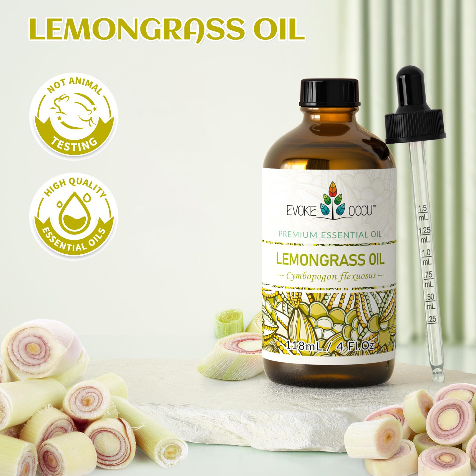 EVOKE OCCU hojas de lemongrass cerca destacando origen botánico