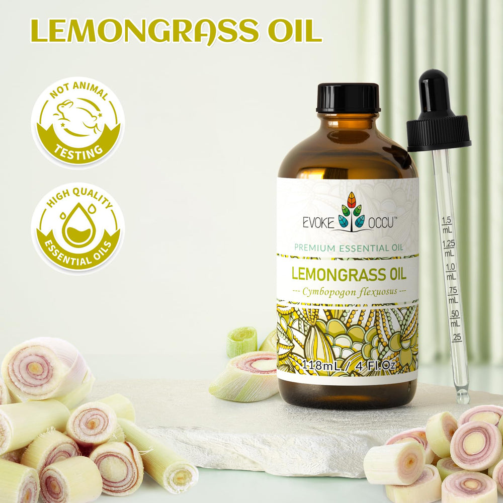 EVOKE OCCU hojas de lemongrass cerca destacando origen botánico