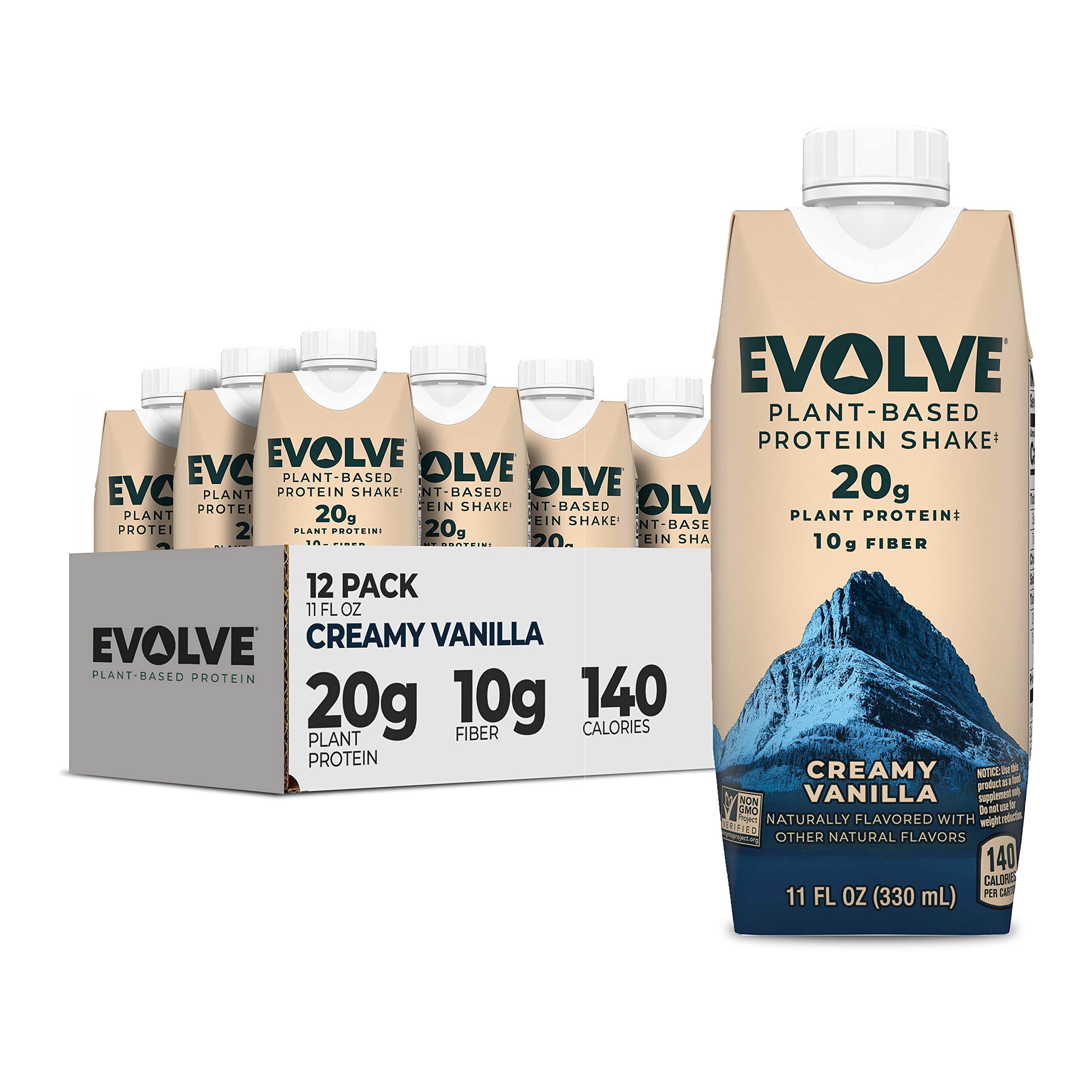 Evolve frontal del envase de batido vainilla con diseño claro y práctico